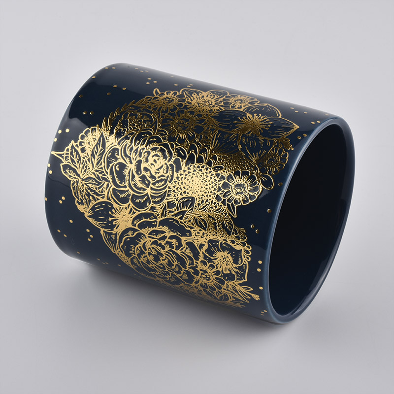 Black Glazing Candle Jar Ceramic With Gold Decoration