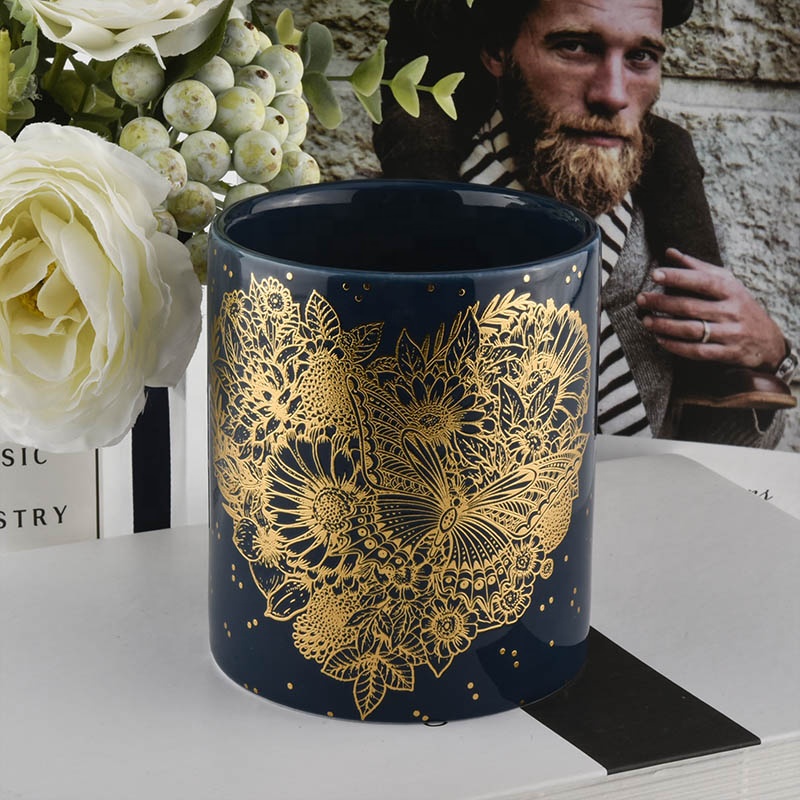 Black Glazing Candle Jar Ceramic With Gold Decoration wholesale