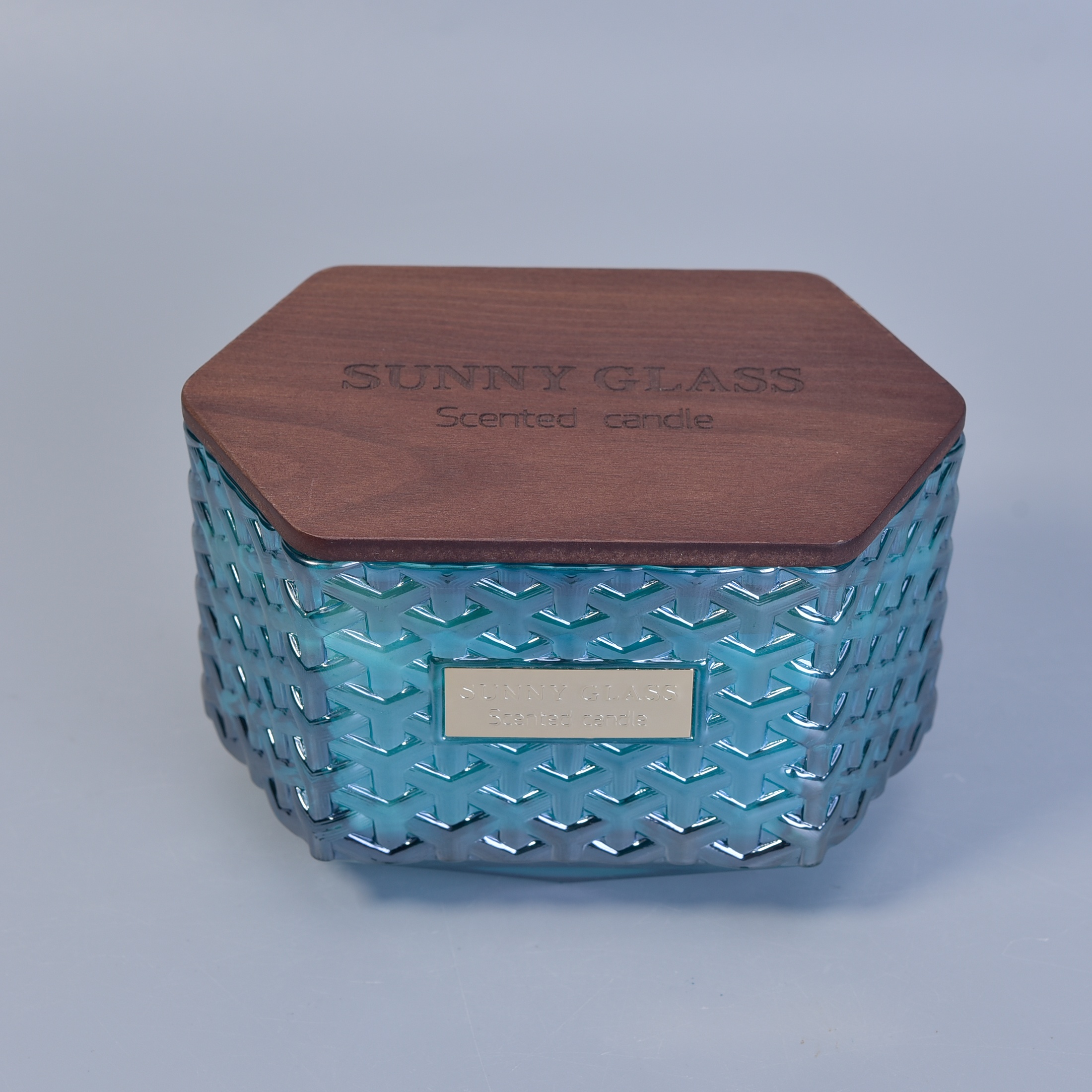 10oz 20oz Sunny Hexagon blue glass candle holder container with wood lids