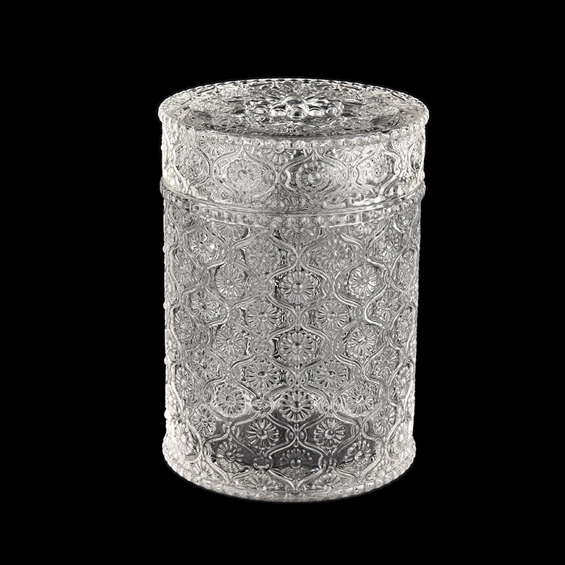 home decor embossed glass candle jar with lid
