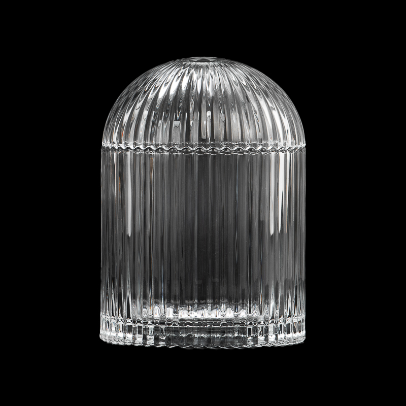 Popular Vertical Strip Design Glass Candle Vessel 17OZ Candle Holder with Round Lid