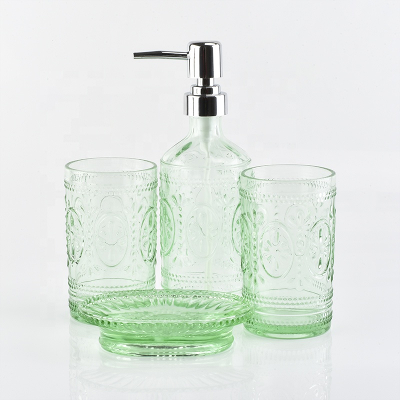 Luxury green emboss  Glass bathroom accessories four sets