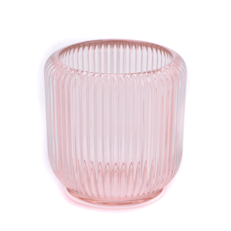 粉色玻璃蜡烛器皿 罗纹玻璃蜡烛罐批发