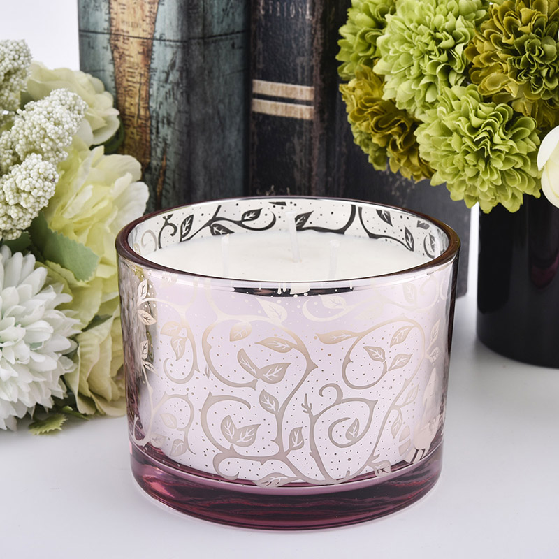 Wholesale 500ml pink unique leaf pattern three core large glass candle jar