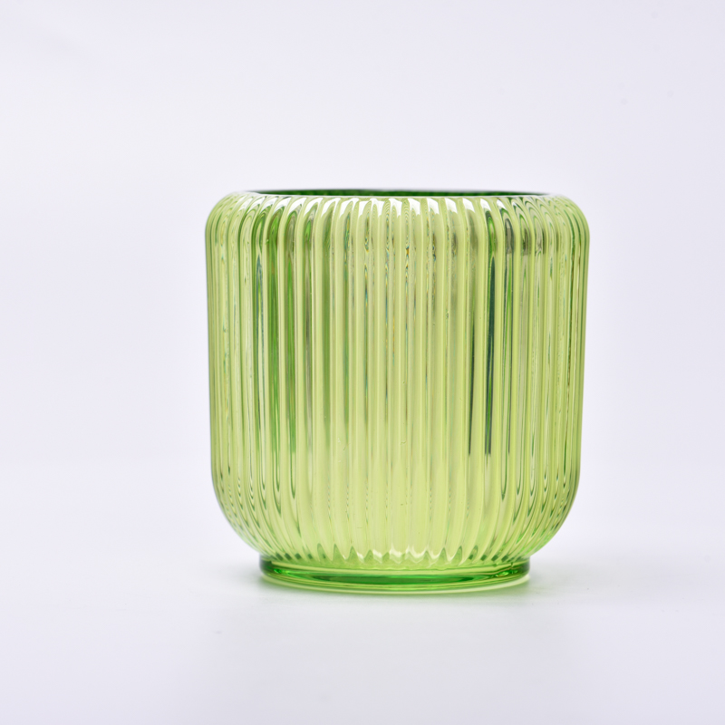 Glass candle holder wholesale striped design green clear glassware custom color candle glass jar