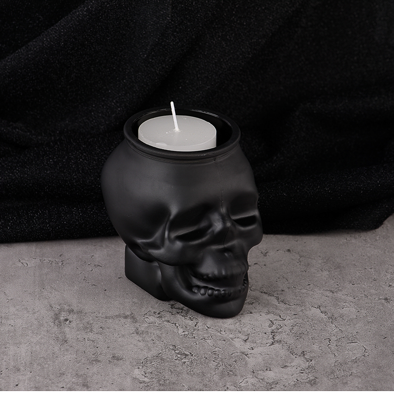 Diseño de cráneo Matte Black Glass Candle Jar al por mayor