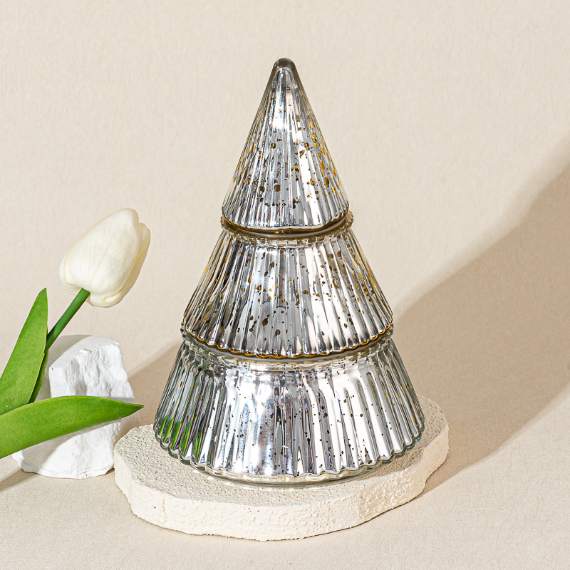 Heißer Verkauf Weihnachtsbaumstil Drei Schichten Gläser Gläser Duftkerzenhalter mit Deckel