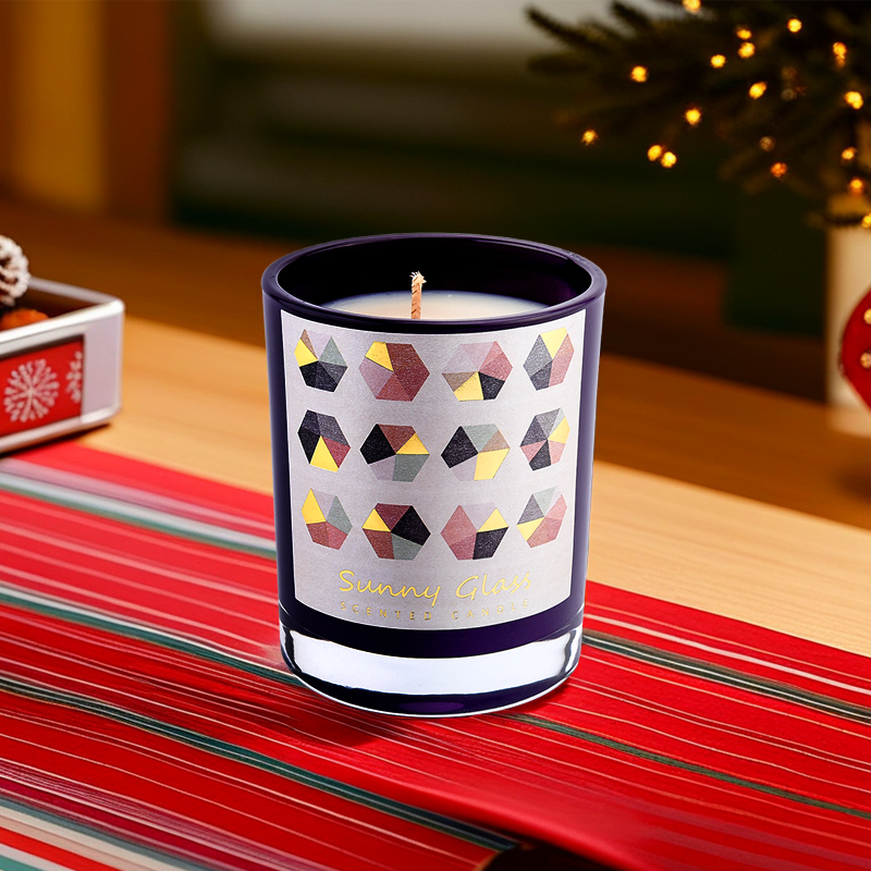 Jarra de vela de vidro de papel de decalque roxo por atacado para decoração de aromaterapia em casa