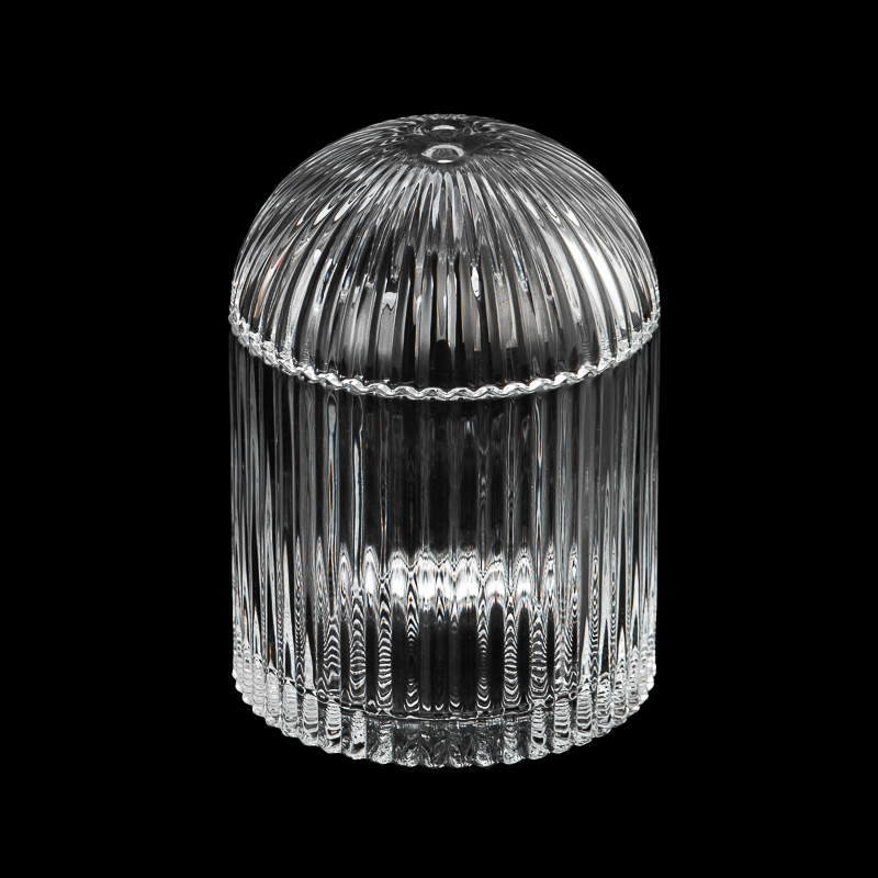 حامل شموع زجاجي بتصميم شريط عمودي شعبي سعة 17 أونصة مع غطاء مستدير