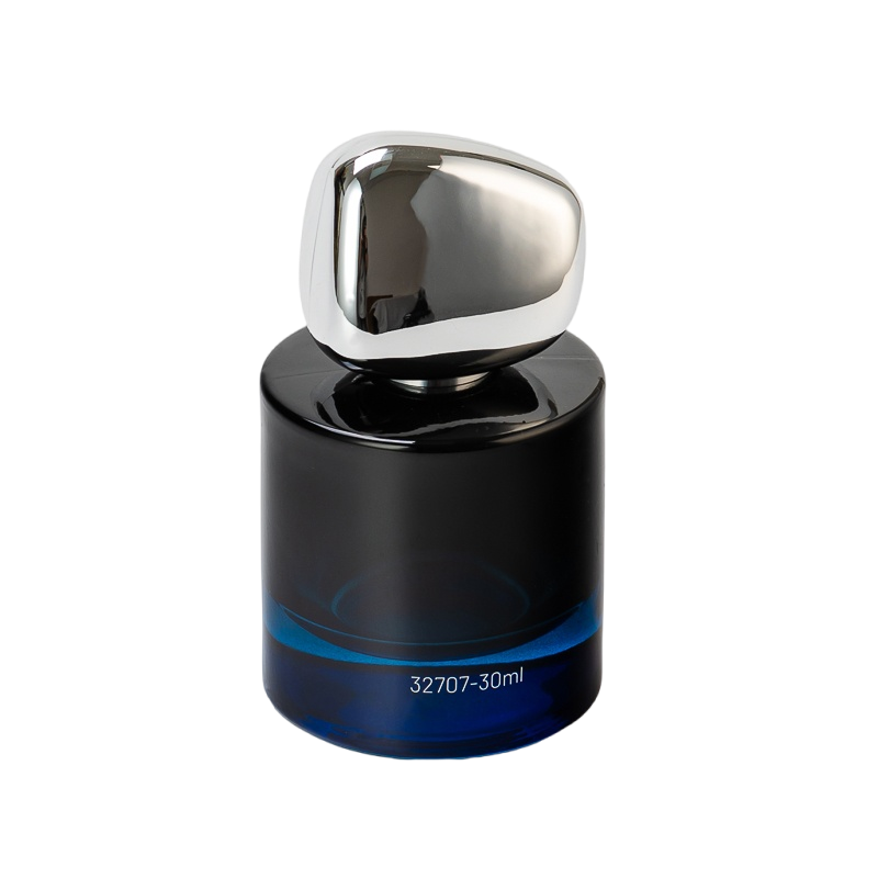 Wysokiej klasy ciemnoniebieskie spersonalizowane logo Szklana butelka perfum o pojemności 30 ml z wyjątkową pokrywką