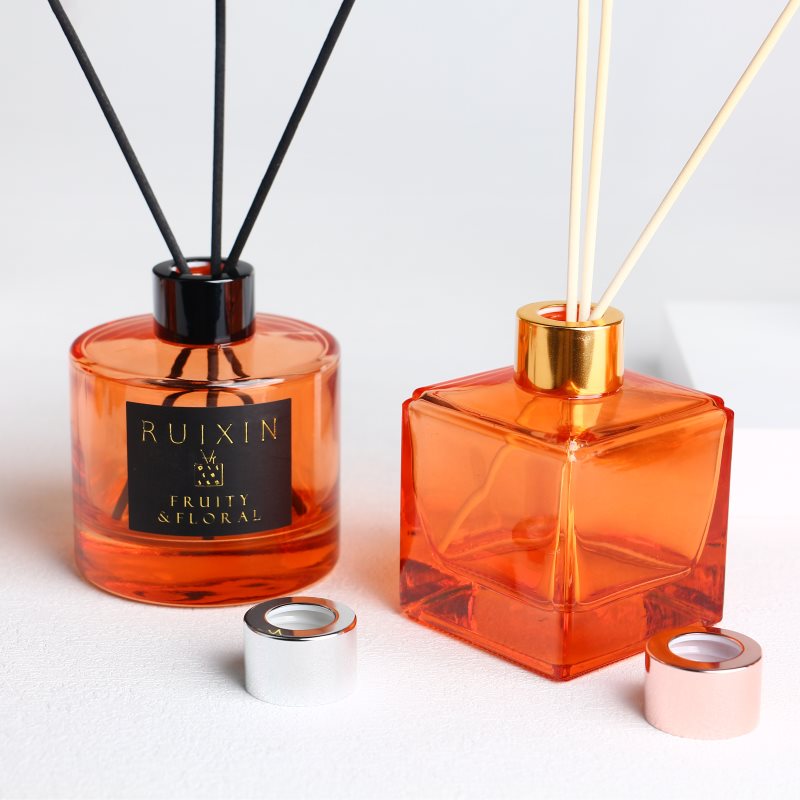 Square Orange Diffuser Bottles with Labels, Caps, and Screw Neck