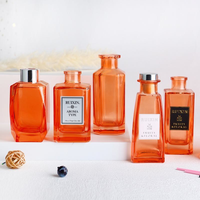 Botellas Difusoras Cuadradas Prisma Naranja con Etiquetas