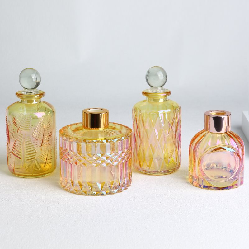 Engraved Electroplated Round Yellow Glass Diffuser Bottles with Caps