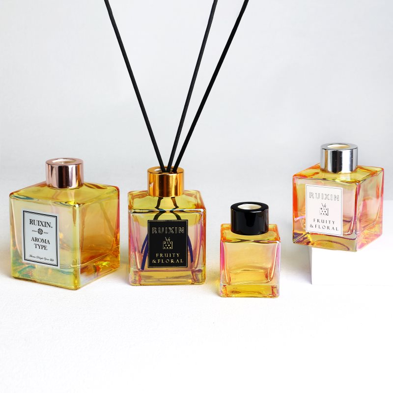 Electroplated Square Yellow Glass Diffuser Bottles with Labels and Caps