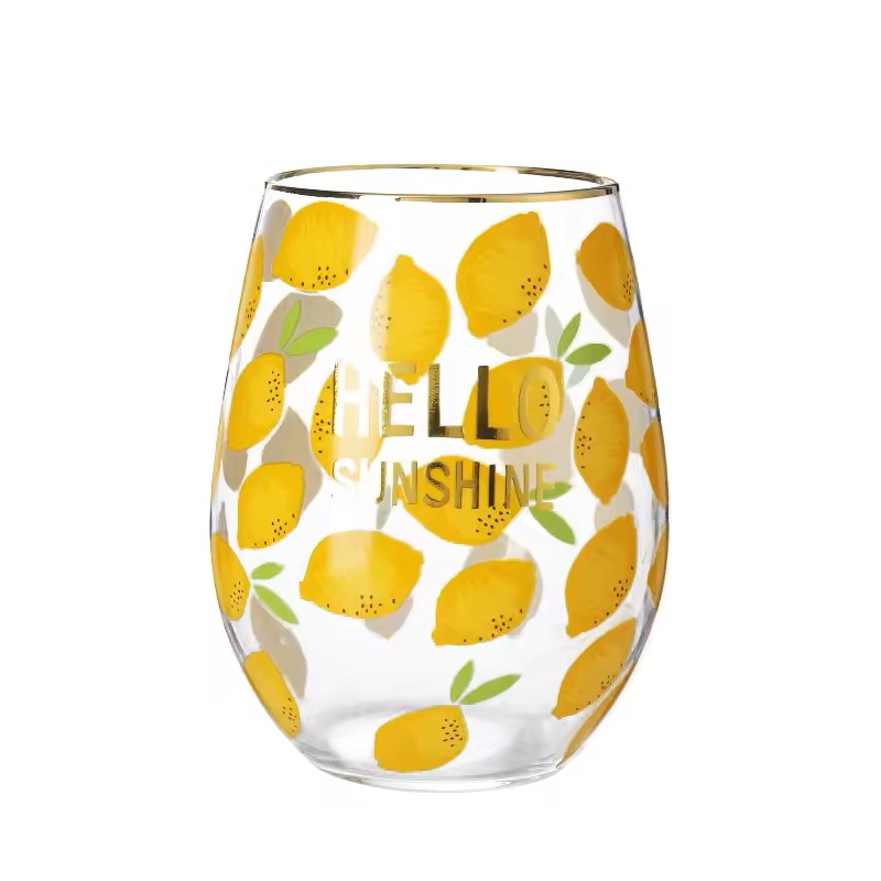 Bicchieri da vino senza stelo con bordo dorato e decalcomanie con motivo limone