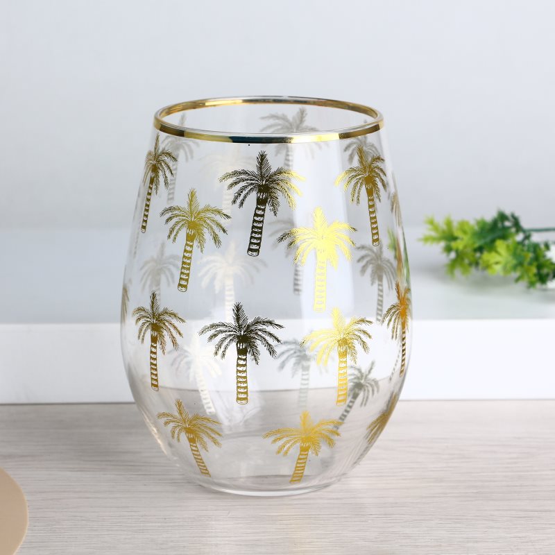 gold rim stemless wine glass tumblers with palm pattern decals