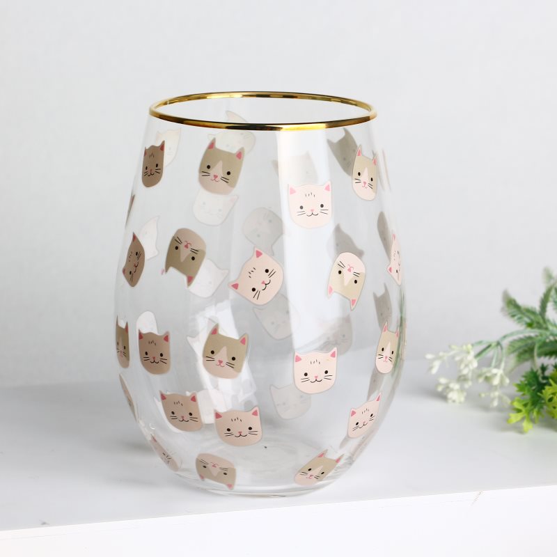gold rim stemless wine glass tumblers with cat pattern decals