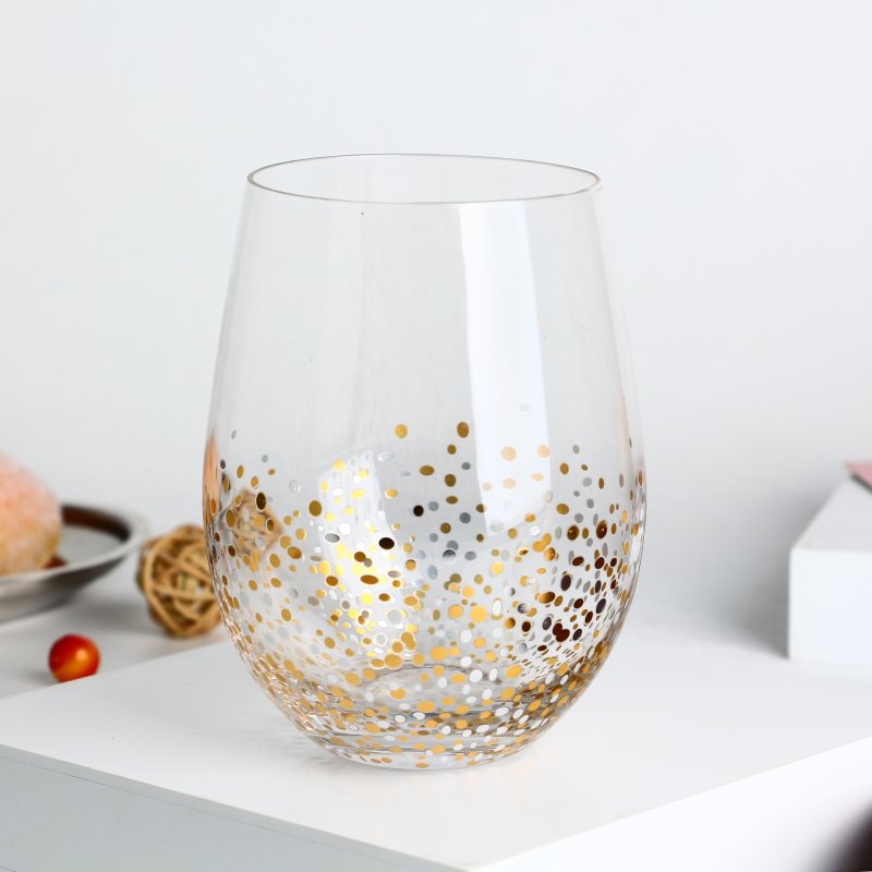 stemless wine glass tumblers with gold stamping flecks decals