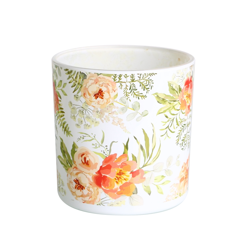 spray color milk white candle glass jars with custom full color flower pattern decals printed and lid