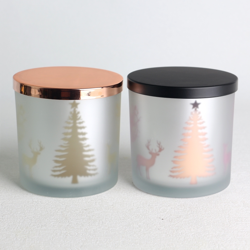 Jarra de velas de vidro fosco com padrão de pinheiro oco a laser galvanizado velas perfumadas