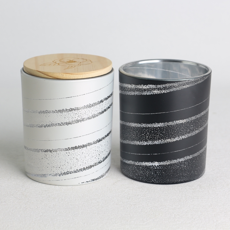 spray color opaque laser hollow pattern black and white glass candle jar scented candles with wooden lid set