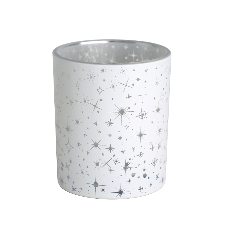 spray color opaque laser hollow stars pattern white glass candle jar scented candles with wooden lid