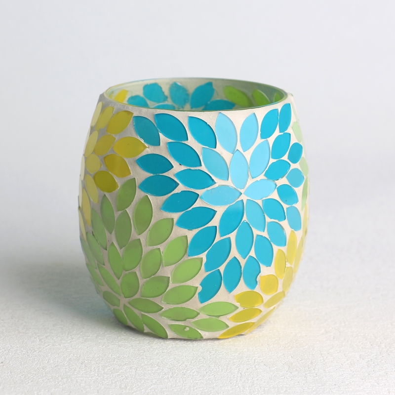 yellow green blue color scheme glass mosaic surface candle jar