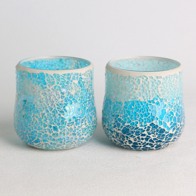 wholesale glass blue mosaic surface Floral leaf pattern candle jar set