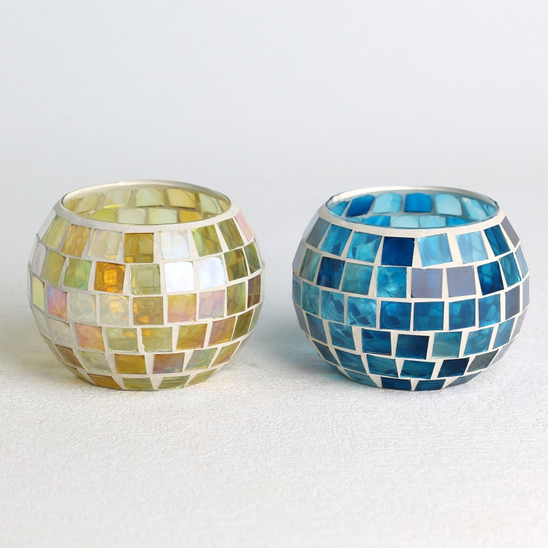 wholesale glass mosaic surface brick pattern round shape candle jar blue yellow