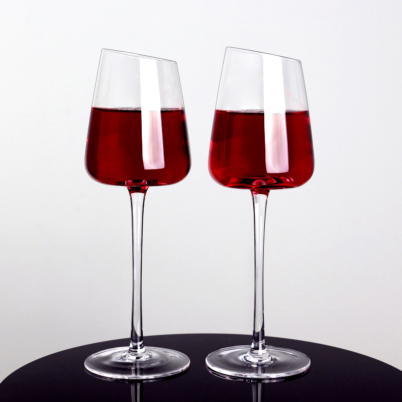 Hand blown premium lead free crystal slanted rim wine glasses set of 2