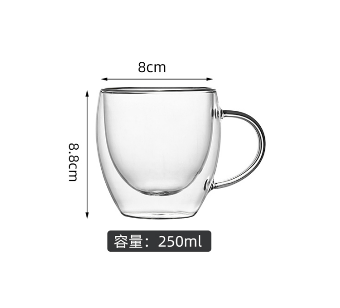 Wholesale 250ml 8oz double wall glass coffee cup with handle. Source factory. Ready to ship