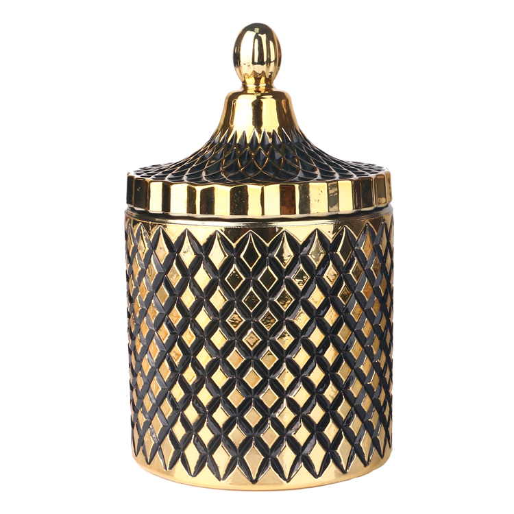 3oz 8oz 16oz Electroplated gold geo cut glass candle jar with lid