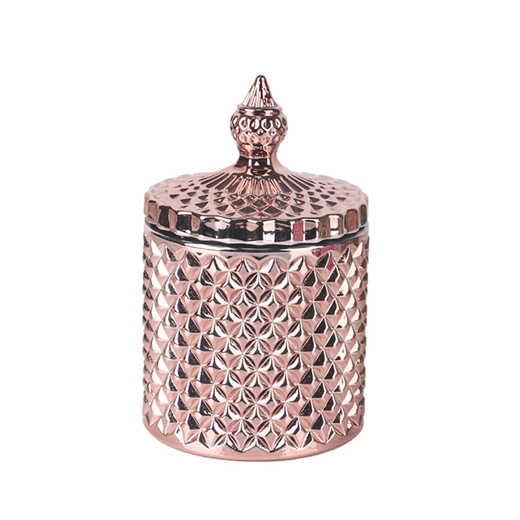 3oz 8oz 16oz electroplated rose gold geo cut glass candle jar with lid