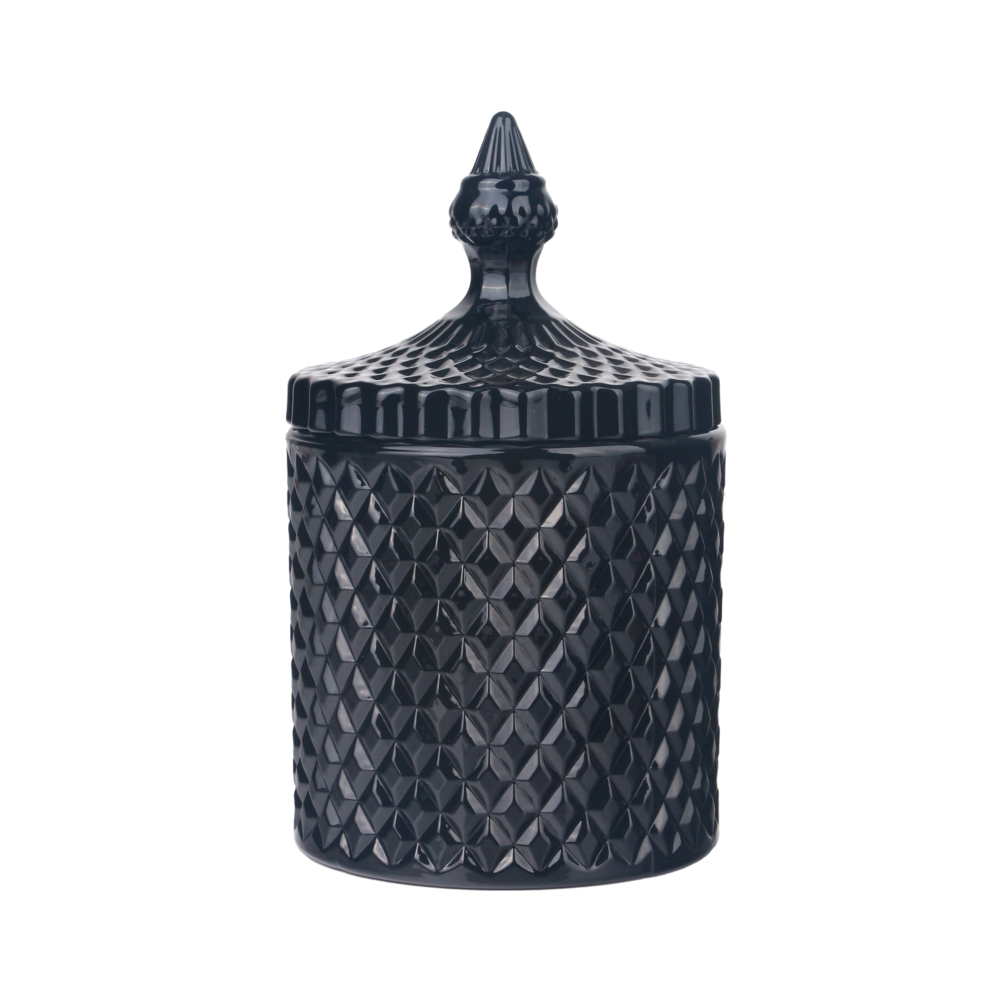 3oz 8oz 16oz opaque black glossy geo cut glass candle holder with lid