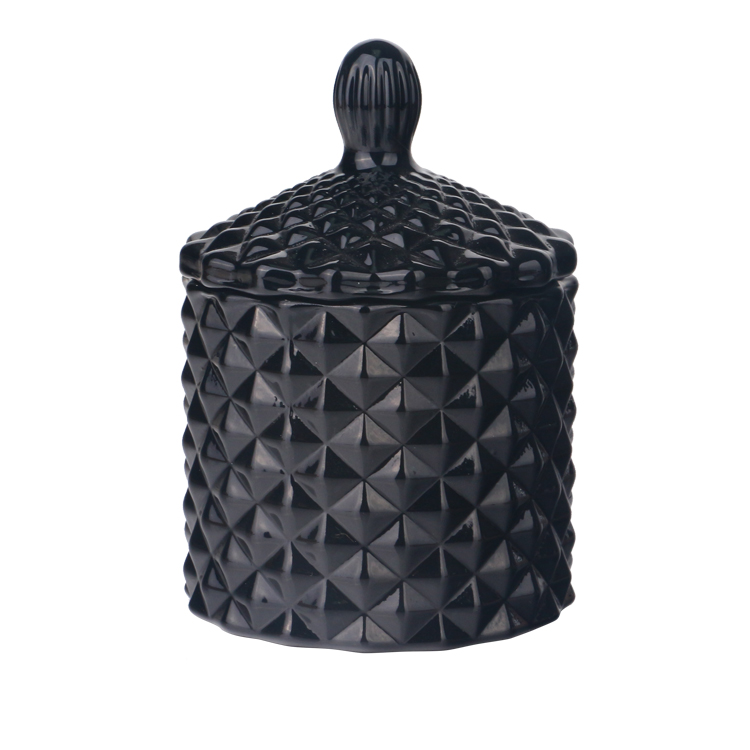 3oz 115 ml gekleurde ondoorzichtige zwarte glanzende geo-gesneden kleine glazen kaarspot met deksel