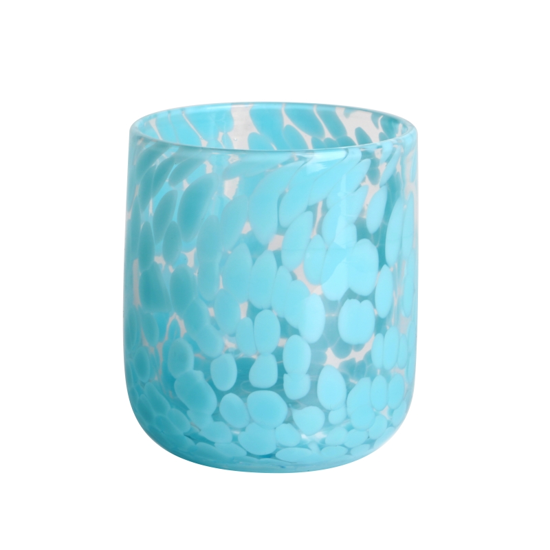 Handmade round bottom 300ml 8oz blue fritted Confetti glass candle jar
