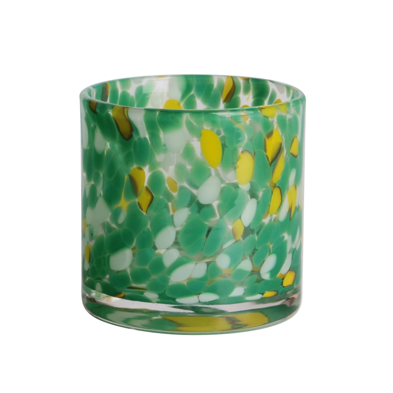 Handmade 200ml 6oz green and yellow fritted Confetti glass candle jar