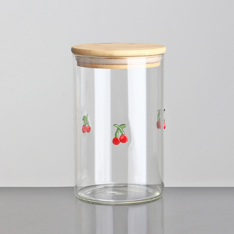 11oz 6oz Cherry Inlay Decor Glass Tumbler Reusable Smoothie Cup with Bamboo Lid Eco-friendly BPA-free for Coffee and Water