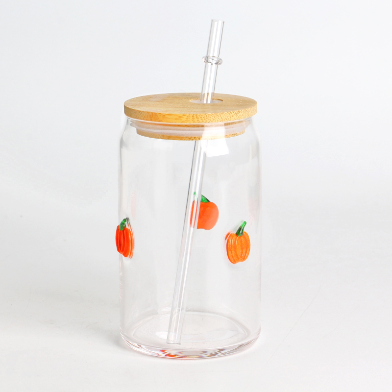 Handmade High Borosilicate 16oz 500ml Inlay Pumpkin Halloween Decor Glass Tumbler with Bamboo Lid and Straw BPA-free Reusable Smoothie and Coffee Cup