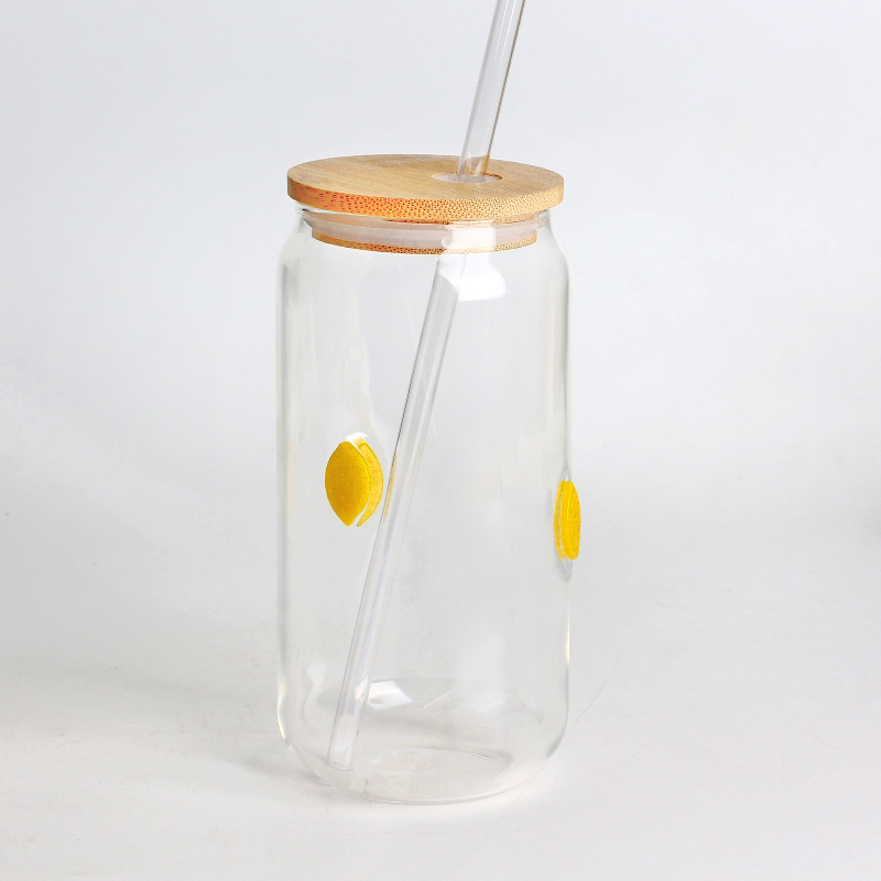 Reusable Eco-friendly Clear 3D Inlay Lemon Decor 16oz 500ml Glass Drinking Tumbler with Bamboo Lid for Smoothies
