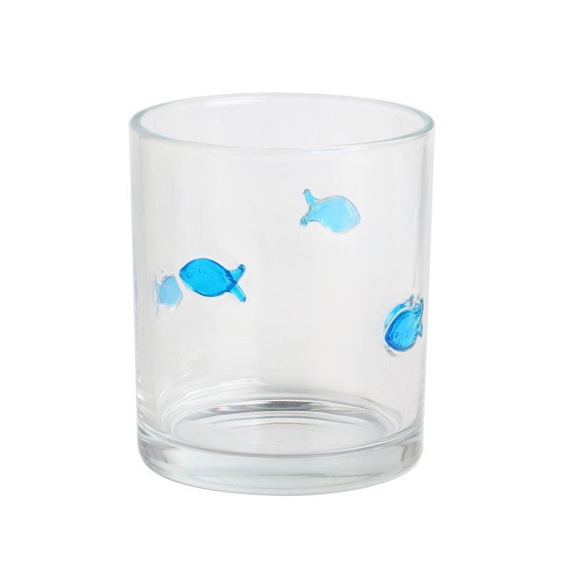 Wholesale Empty Clear Inlay Fish Decor Glass Candle Containers 100ml 250ml 500ml with Bamboo Lids