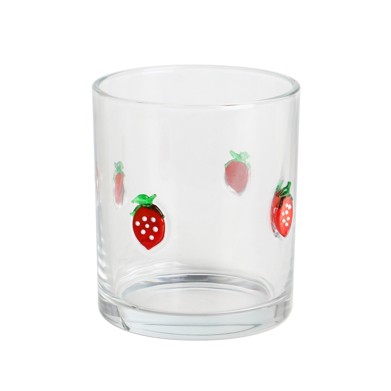 Custom 10oz 12oz Clear Inlay Strawberry Decor Candle Jar Luxury Empty Glass Container with Metal Lid