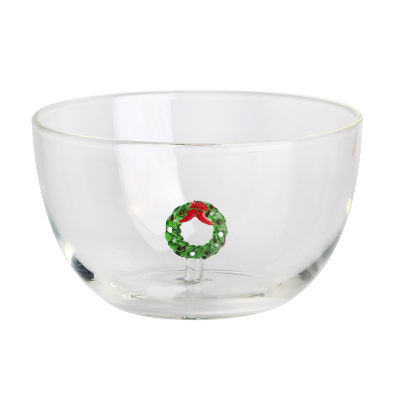 Handmade 600ml 20oz glass bowl with 3D Christmas wreath Decoration inside