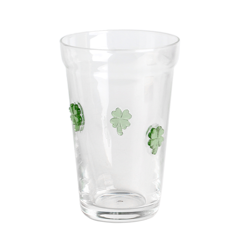 Handmade clear 12oz beer beverage glass drinking tumbler with Clover 3D inlay decoration