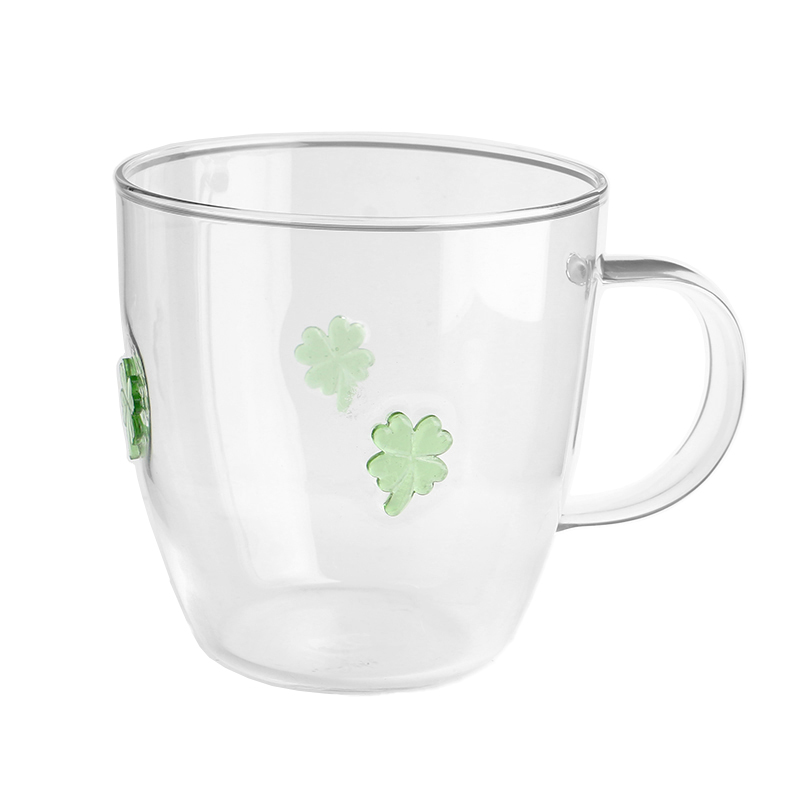 Hand Blown Inlay Clover Decoration 500ml 16 ounce High Borosilicate Coffee Cup With Handle