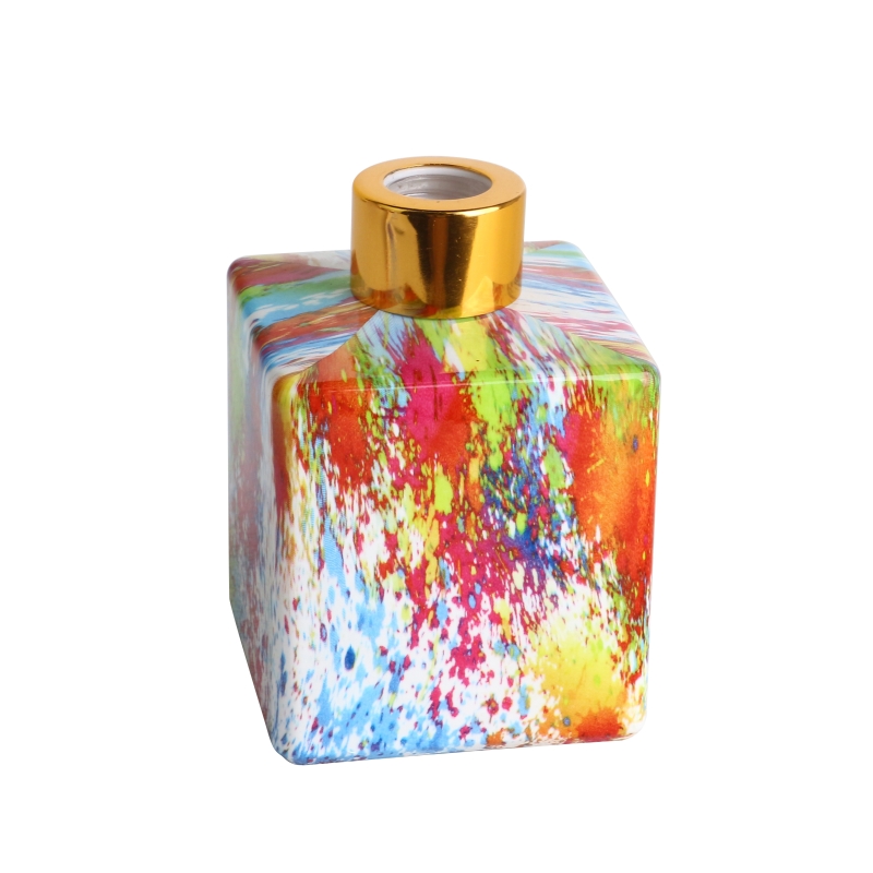 Water transfer finished oil painting pattern square glass diffuser bottle set of 2