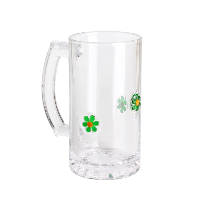 Durable Decorative Giftable 1 Pint Daisy inlay design Glass beer mug with Handle