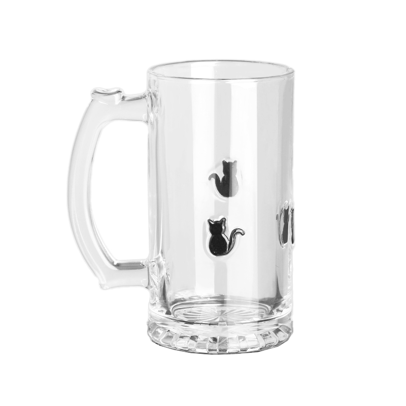 Custom Embossed Christmas 500ml 3D Black Cat inlay Glass Beer Cup with Customized Logo