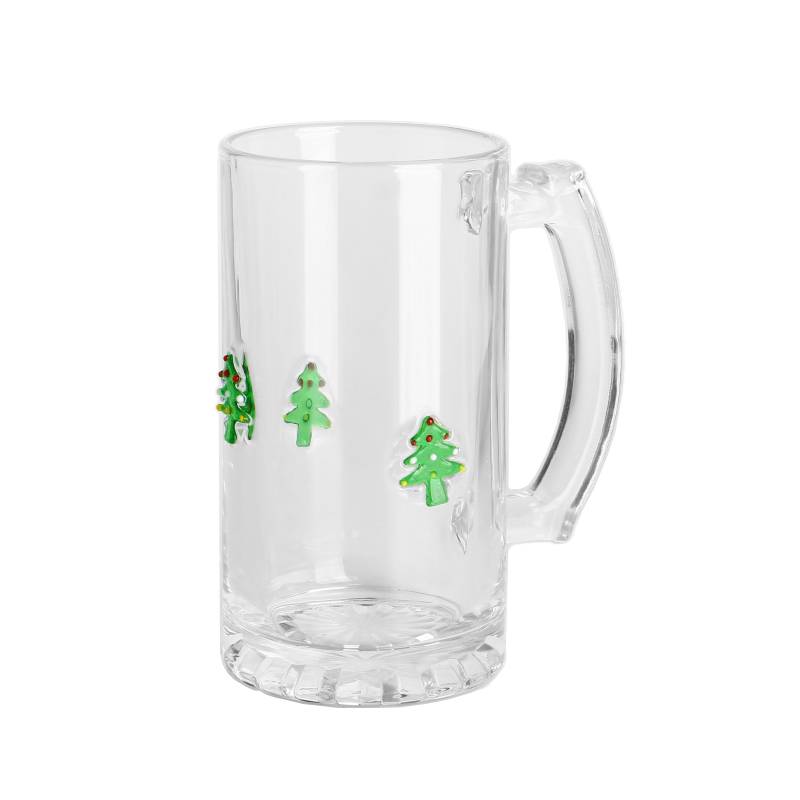 Food-safe Clear Christmas 1 Pint Pine tree decoration Glass beer mug with Handle