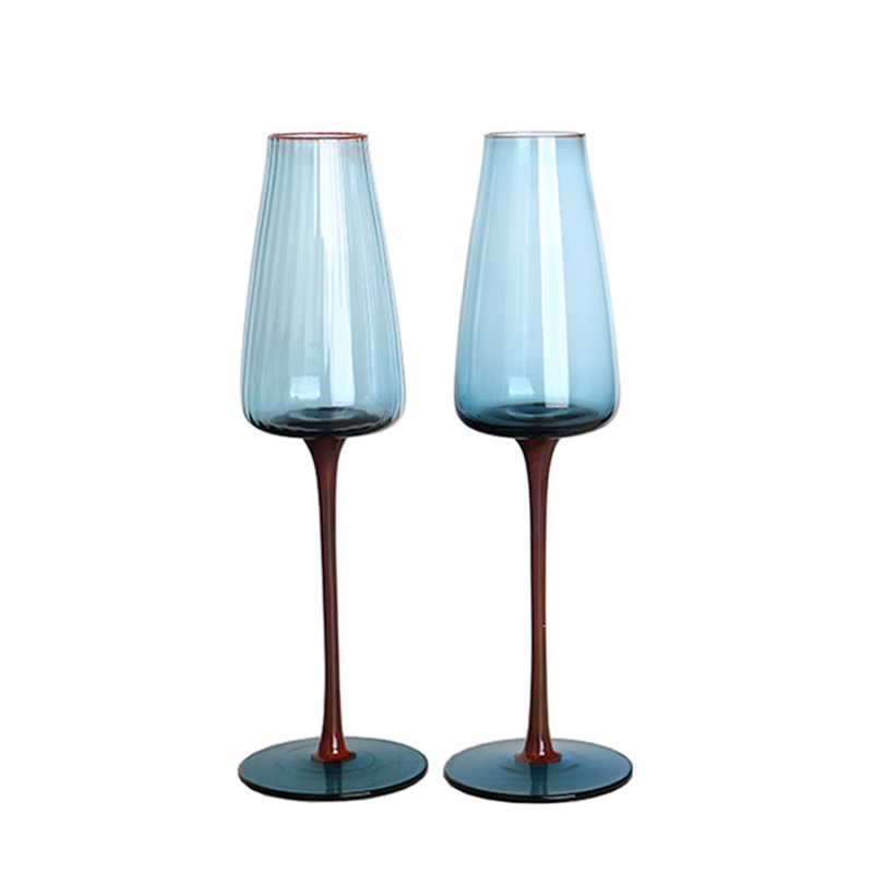 Cobalt blue ribbed champagne glass flute set of 2